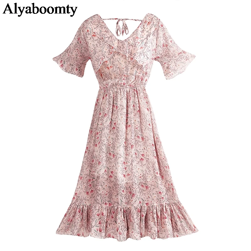 Летнее корейское шикарное женское милое платье с v образным вырезом цветочный