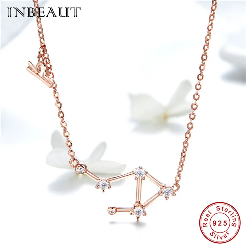 INBEAUT 925 пробы серебро розовое золото 12 созвездий весы Aries Циркон Стрелец с подвеской со знаком Рыб ожерелья для женщин - Окраска металла: snn022