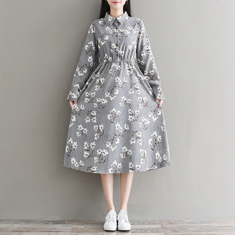 Женское вельветовое платье с длинным рукавом винтажное А-силуэта отложным