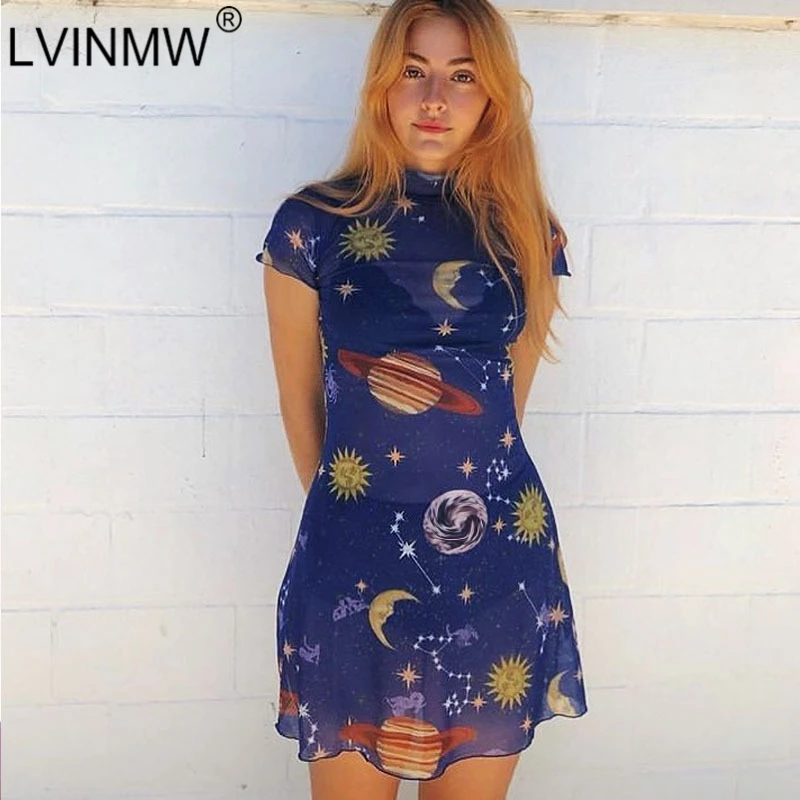 LVINMW пикантные сетчатые прозрачные Galaxy со звездным принтом плиссированное платье