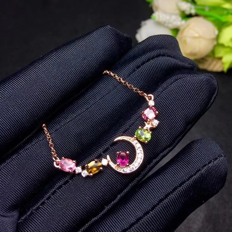 Natural Multicolor tourmaline Necklace Gemstone Pendant S925 sliver trendy Lovely Moon girl party gift Jewelry | Украшения и