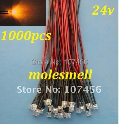 Free shipping 1000pcs 5mm Flat Top orange LED Lamp Light Set Pre-Wired 5mm 24V DC Wired 5mm 24v big/wide angle orange led