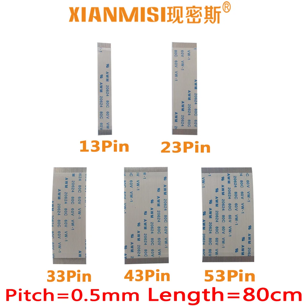 

FFC/FPC плоский гибкий кабель 13Pin 23Pin 33Pin 43Pin 53Pin одинаковая сторона 0,5 мм Шаг AWM VW-1 20624 20798 80C 60 в Длина 80 см 5 шт.