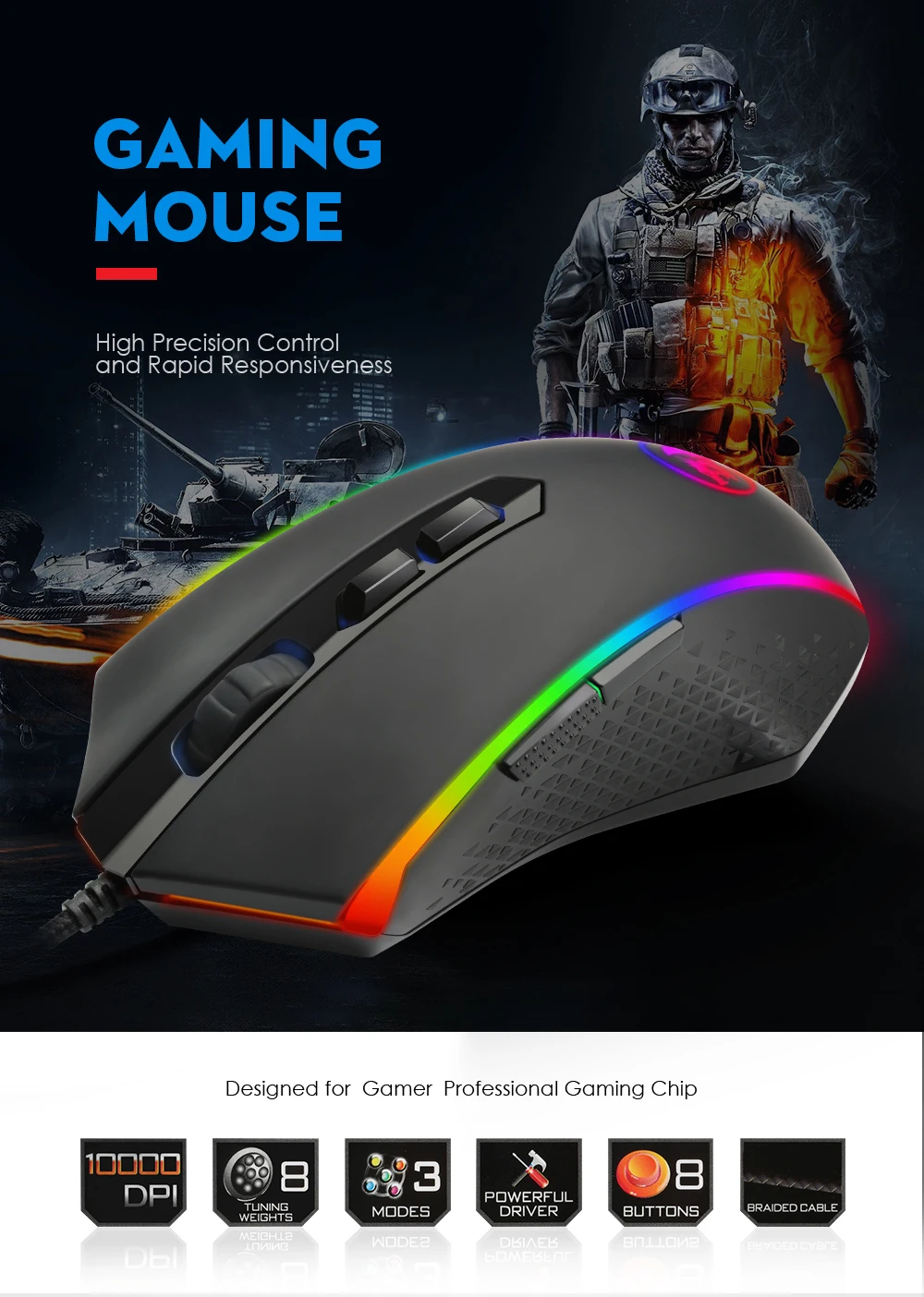 Проводная игровая мышь Redragon USB 10000 dpi, 8 кнопок, лазерная программируемая игровая мышь с подсветкой, эргономичная для ПК, ноутбука
