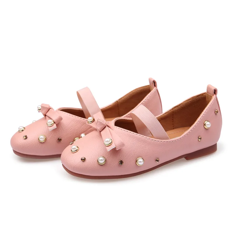 

The Soft Bottom Girls Shoes Pearl Diamond Elastic Leisure Flat Shoes Children 's Leather Shoes