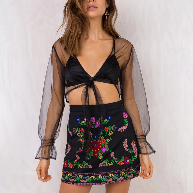 женская юбка Simplee с цветочной вышивкой винтажная повседневная карандаш для