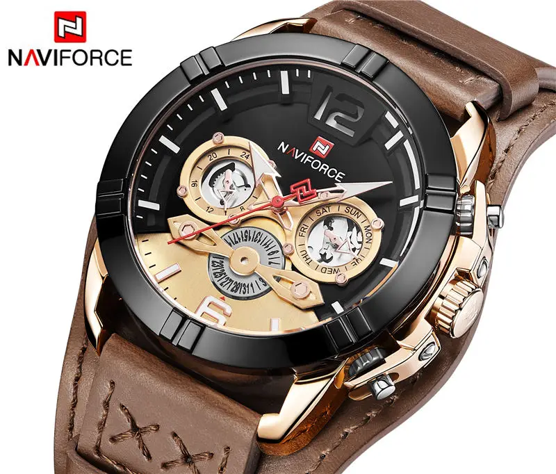 NAVIFORCE мужские часы модные мужские кожаные кварцевые часы для мужчин s люксовый бренд 30 м водонепроницаемые спортивные часы Relogio Masculino коричневый - Цвет: Коричневый