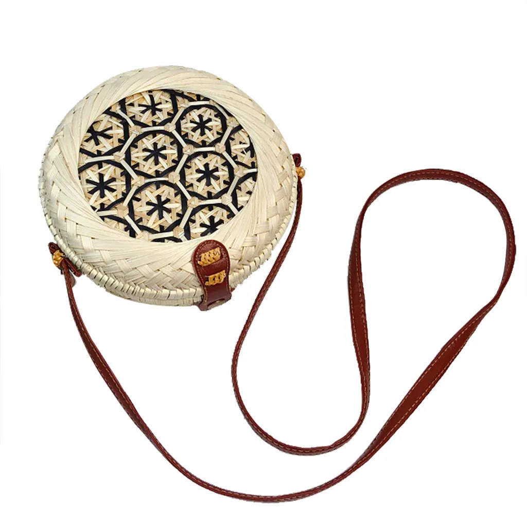 Круглая плетеная пляжная сумка из ротанга в стиле ретро через плечо женская