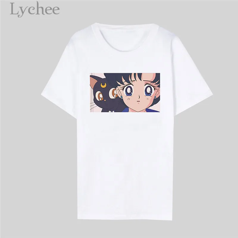 Lychee Harajuku Sailor Moon серия Женская белая футболка с коротким рукавом и круглым вырезом Женские Простые повседневные футболки