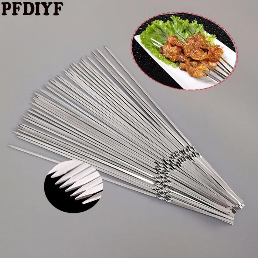 10Pcs BBQ Sticks Needle Stainless Steel Flat Barbecue Forks Picnic Tool Skewers Utensil Cooking Iron Kitchen Meat Holder | Дом и сад