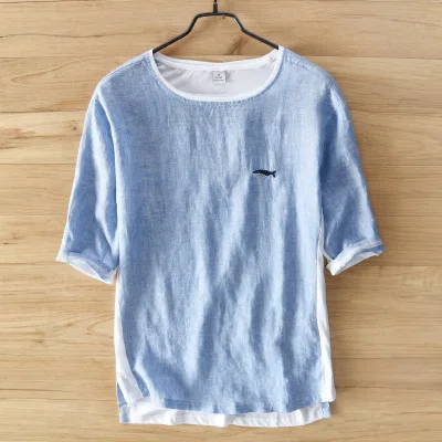 Blue Men Cotton Linen Short Sleeve Tshirts White Small Fish Embroidery T Shirt Casual O-Neck Man Tees Y1702 - Цвет: Blue