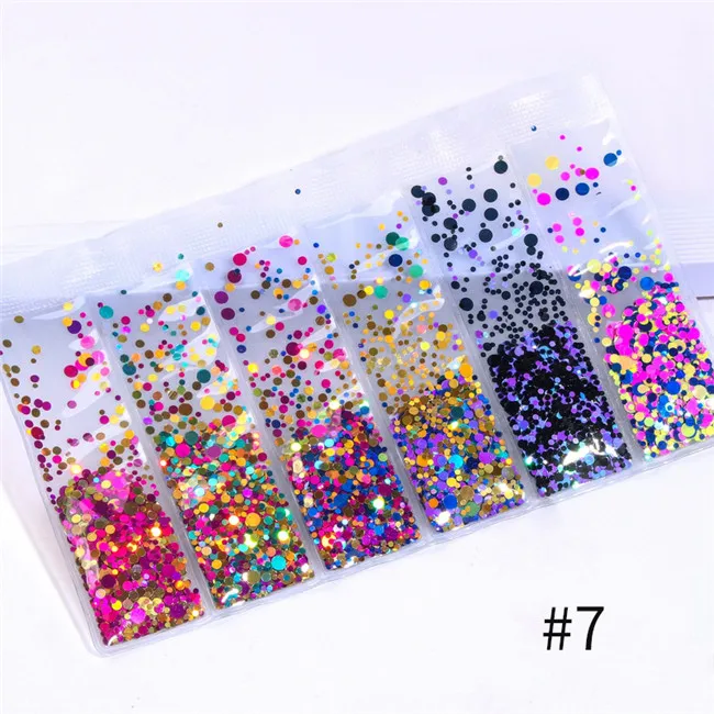 7 6 Patterns/Bag Holographic Nail Glitter Sequins Powder Mixed Size Nail Pigment Dust Colorful Flakes 3D Nail Art Decoration DIY - Цвет: 7