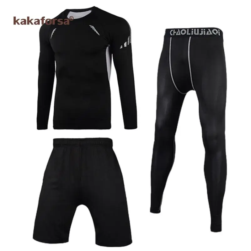 Long sleeve Kakaforsa, 3 шт., Мужская одежда для тренажерного зала, фитнеса, спортивная одежда, мужские наборы для бега, баскетбольные майки, тренировочный костюм, компрессионные комплекты - Цвет: Long sleeve