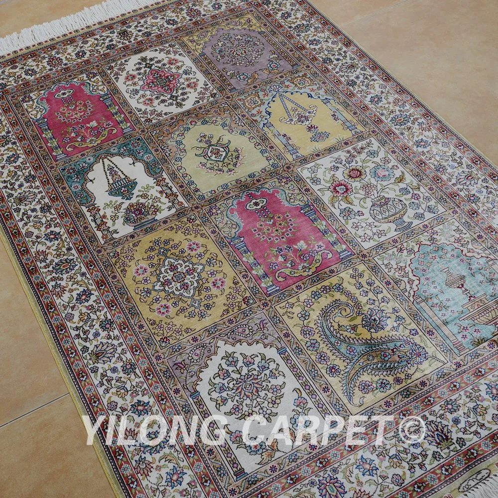 Yilong 3 'x 4 5' Античный персидский шелк розовый садовый коврик ручной вязки