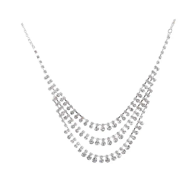 European and American bride wedding temperament multi-layer silver color-plated water drill claw chain suit Necklace Earrings | Украшения и