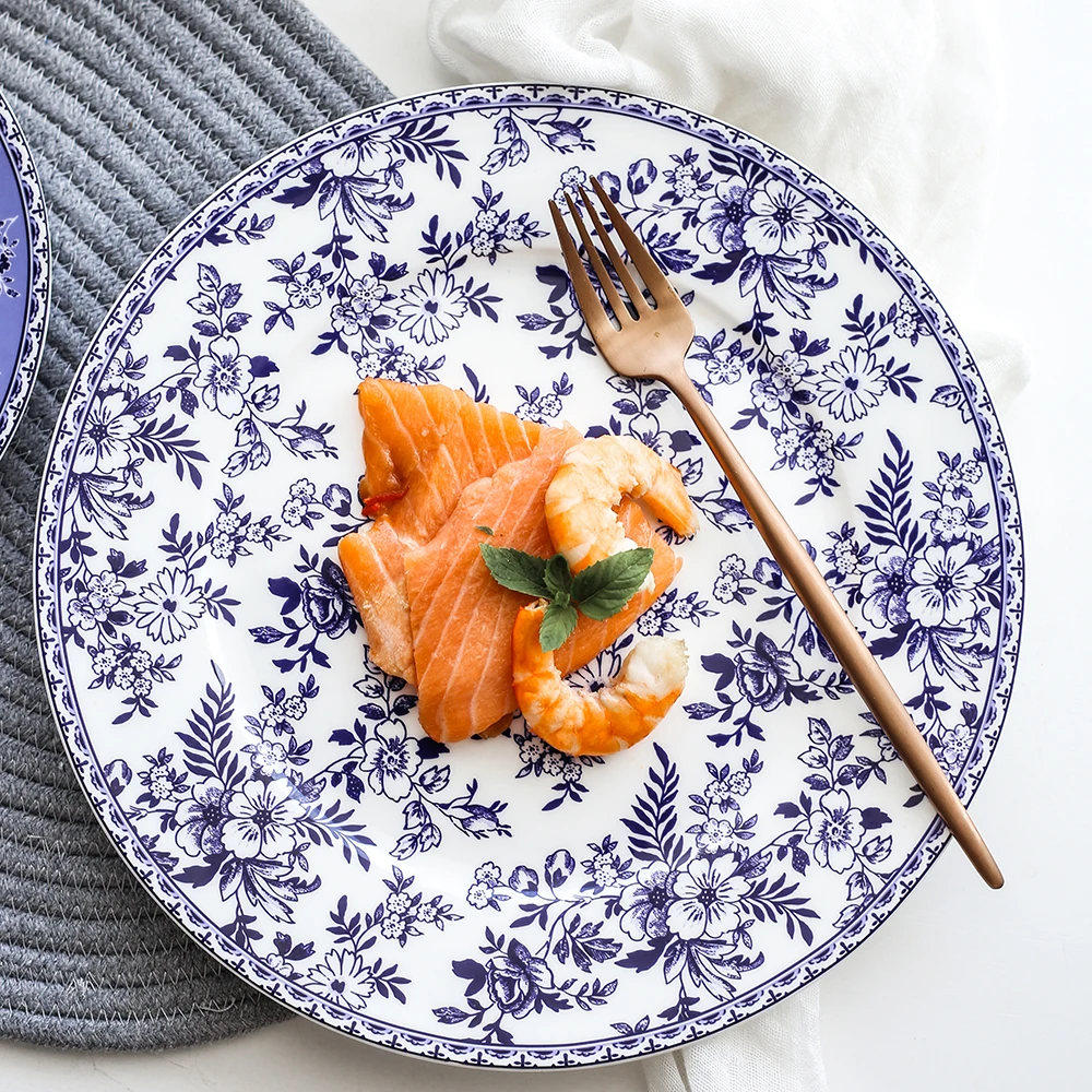 Голубые и белые столовые приборы плоская тарелка для китайской западной кухни