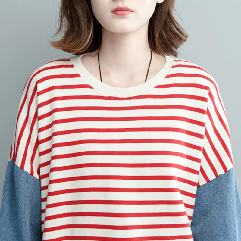 Женские Красные Полосатые футболки 2019 Осенние новые Лоскутные Джинсовые с
