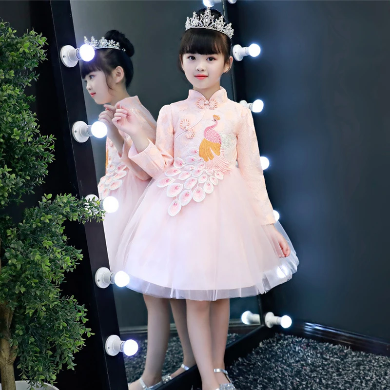 Новогоднее платье для девочек элегантное китайское Ципао с кружевной флисовой