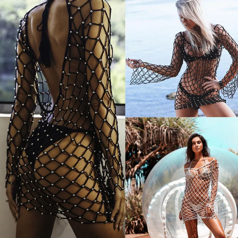 Женская накидка на бикини 2018 расшитая бисером купальник кроше Пляжное платье