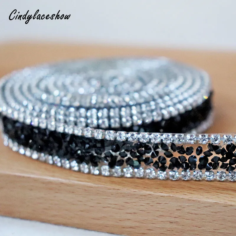 

15mm Beaded Rhinestons Trim Iron On Diamond Crystal Ribbon Wrap Trim Sewing Accessories DIY Wedding Cake Party Decor Black Chain