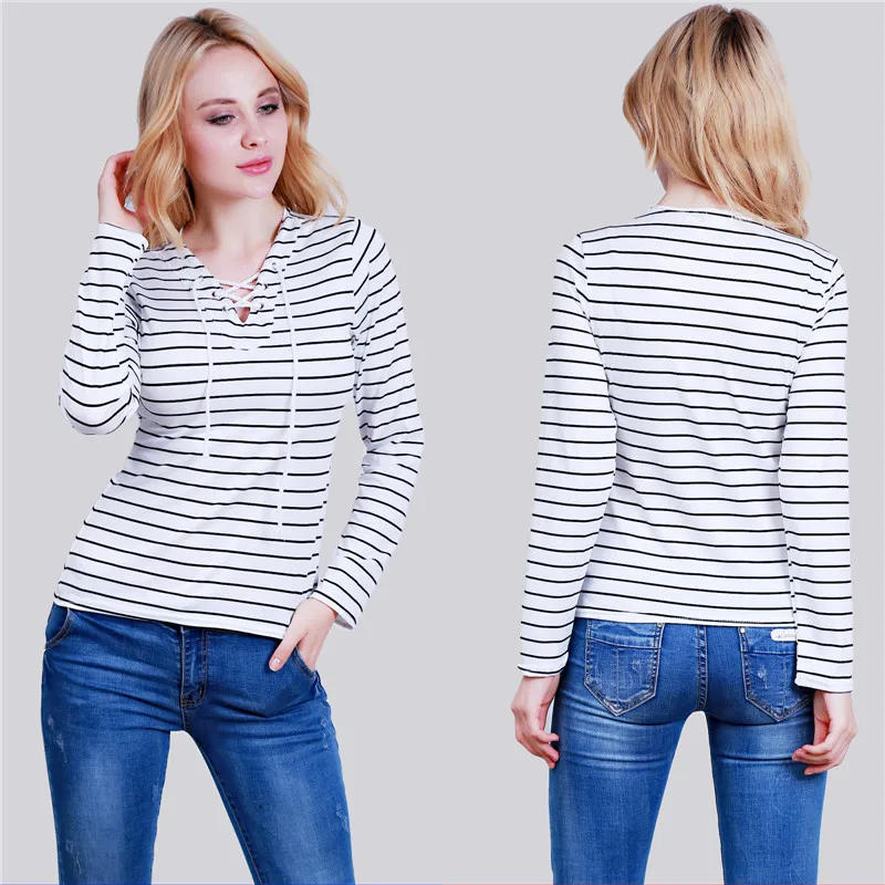 Осенние женские полосатые футболки с v-образным вырезом длинным рукавом