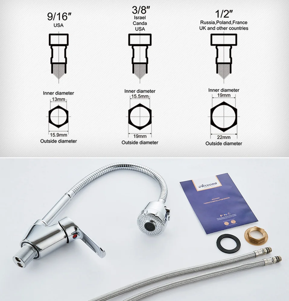 Accoona Zinc Alloy Kitchen Faucet Tube 3 kinds of Water Way Outlet Pipe Tap Basin Plumbing Hardware Brass Sink Faucets A4868