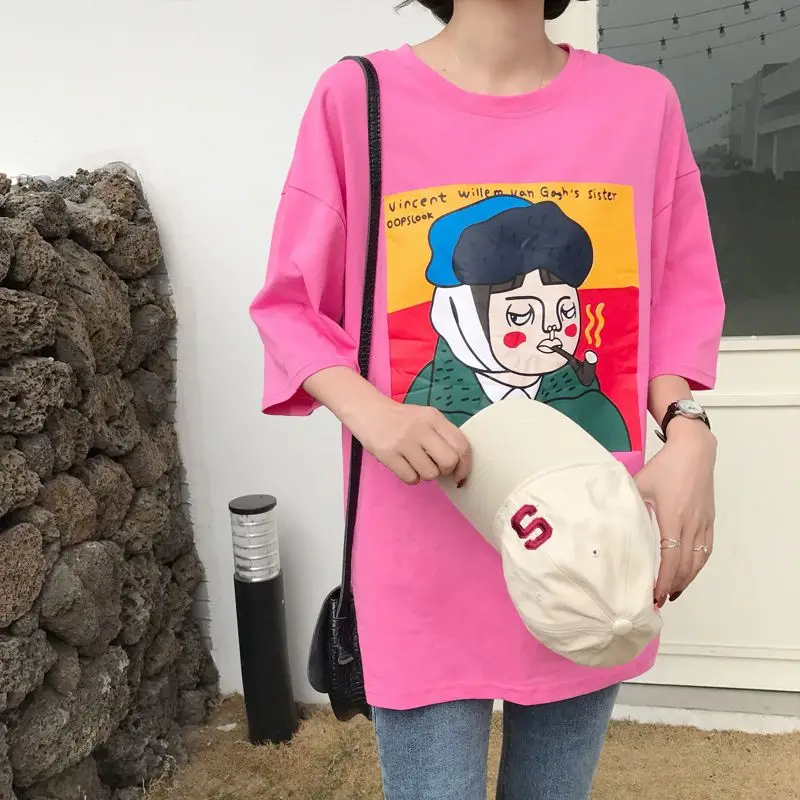 Women Summer Fun Printing Oversize T shirt Cartoon Loose 3/4 sleeved Long Pink White New Spring Korean Shirt|Футболки| |