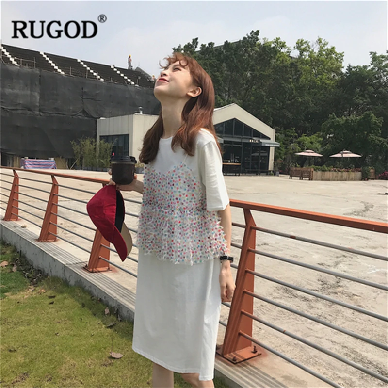 RUGOD 2019 New Arrival Women O-neck Half Sleeves Straight Fake Two Piece Dress Sweet Korean Style Slim Modis Summer Mujer | Женская