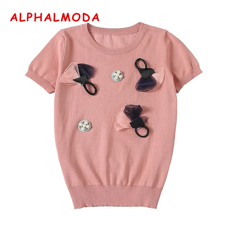 Женский тонкий трикотажный джемпер ALPHALMODA с коротким рукавом и цветочной