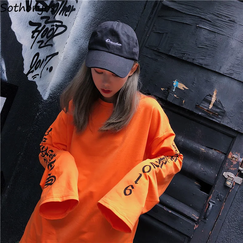 Женская Осенняя футболка с круглым вырезом и буквенным принтом, свободная длинная футболка BF Harajuku, женская футболка в Корейском стиле, модная футболка в стиле хип-хоп для студентов