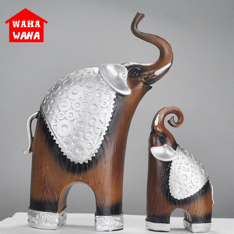 2pcs/Set Europe Resin Wood Grain Statues Decoration Elephant Statue Souvenir Living Room Ornament Gifts Modern | Дом и сад