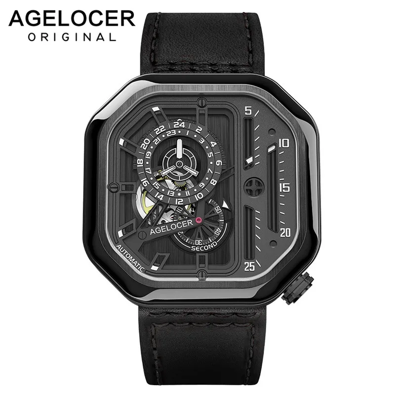 AGELOCER автоматические роскошные часы для мужчин, самовзводные механические часы, большие квадратные черные кожаные Наручные часы - Цвет: 5802J1