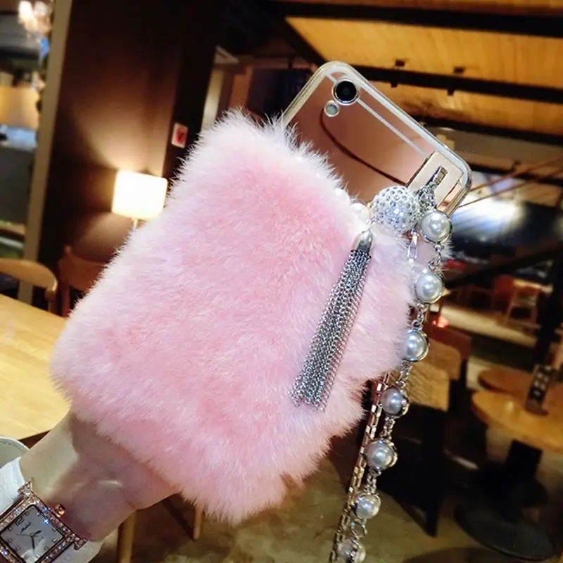 Пушистый кролик жемчужный ремешок зеркало с кисточкой чехол для телефона Samsung