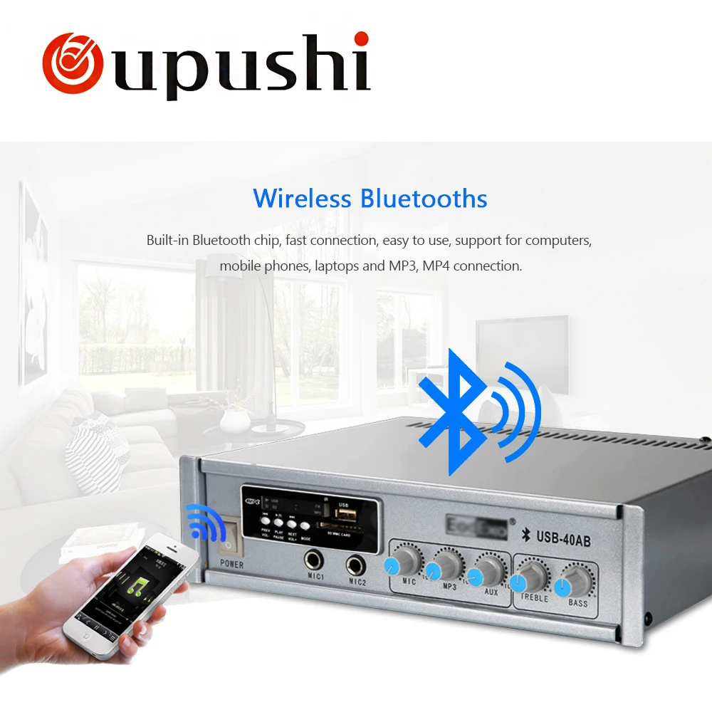 Oupushi USB 40AB 40 Вт домашние усилители PA система фоновая музыка AC220V Bluetooth мини