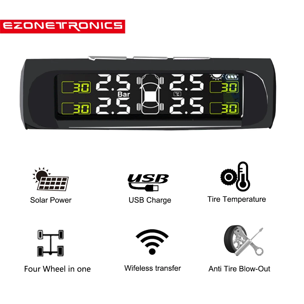 Smart Car TPMS Tyre Pressure Monitoring System Solar Power charging Digital LCD Display Auto Security Alarm Systems Wireless | Автомобили