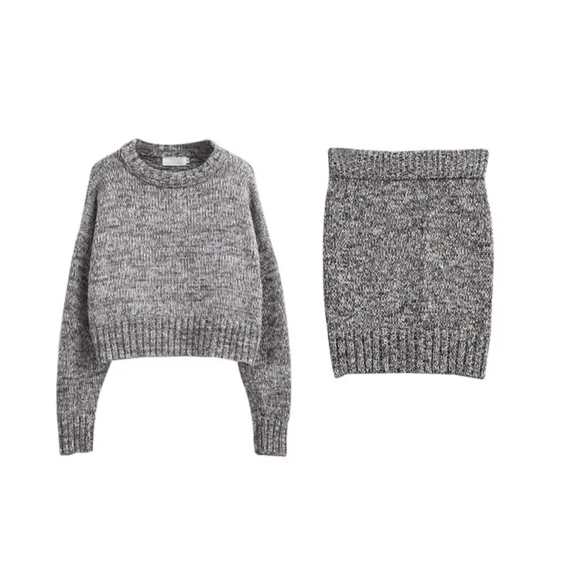 Женский трикотажный Костюм-двойка серое Повседневное платье-свитер с длинным