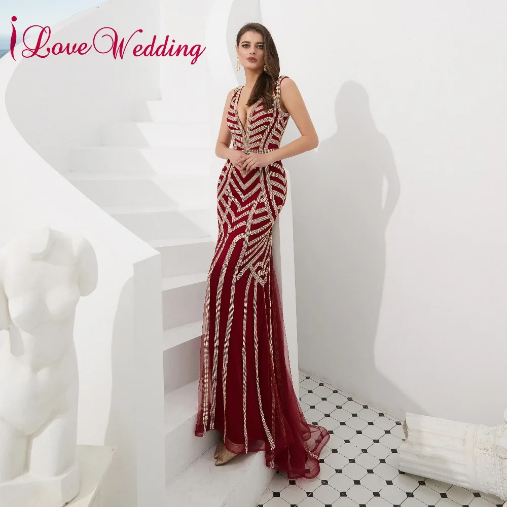ILoveWedding великолепные V средства ухода за кожей Шеи Выпускные платья без рукавов vestido de festa Красный Русалка длинное вечернее Вечерние