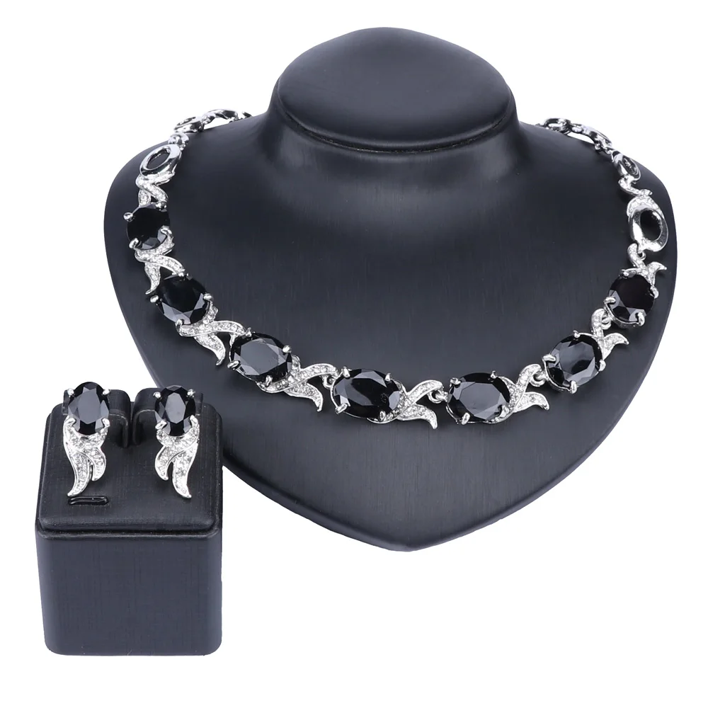 2Pcs Silver Модный комплект украшений, золотой цвет, черный кристалл, Африканский бисер, ожерелье, браслет, серьги, кольцо, набор, Саудовской Аравии, женские вечерние украшения для невесты - Окраска металла: 2Pcs Silver
