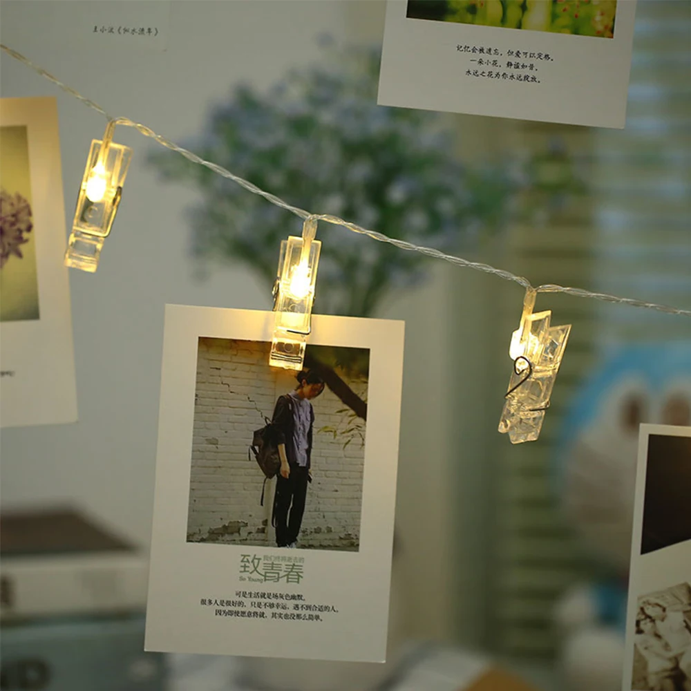 HUSUYUHU Photos Clips Holder LED Fairy String Light Pictures Card Personalized Battery Powered Lamps Bedroom DIY Lights | Лампы и