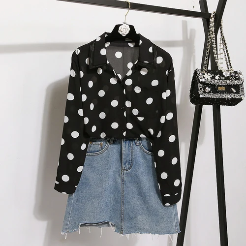 Office Lady Polka Dot Turn-down Collar Blouse Women Chiffon Pullover Women's Shirts Brief Fashion Blusas Casual Plus Size Tops |