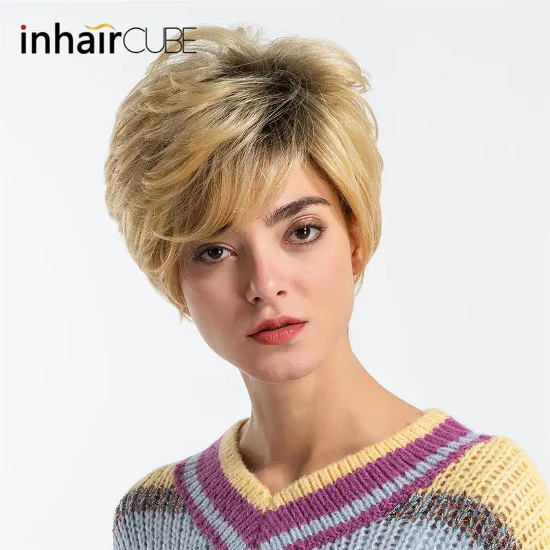 Inhair Cube натуральный Омбре блонд женские парики короткие прямые смешанные