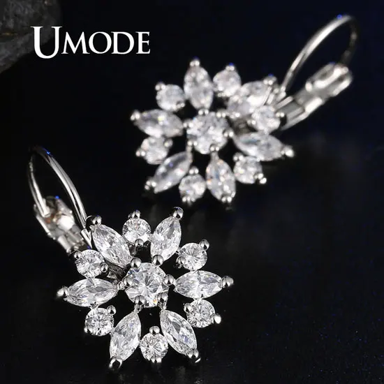 White Gold Clear UMODE, модные серьги в форме цветка, золотые, цветные, CZ, кубический цирконий, висячие серьги, ювелирные изделия для женщин, свадебные подарки UE0590 - Окраска металла: White Gold Clear