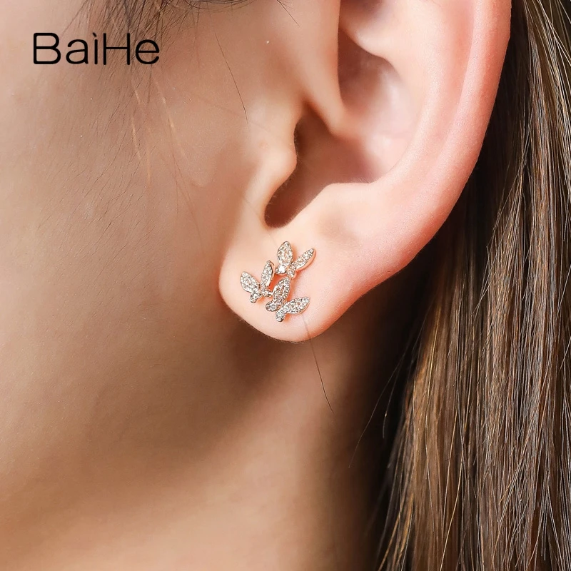 BAIHE Solid 14 K розовое золото H/SI 0.28ct круглые натуральные Алмазы обручальные модные ювелирные изделия элегантные серьги-гвоздики