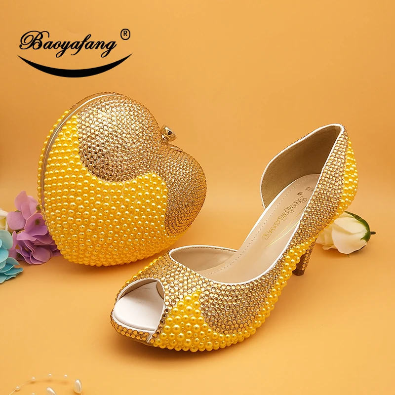 

BaoYaFang New Women wedding shoes and bags bride High heels platform shoes Ladies Paty shoes heart purse Day cluthes Golden