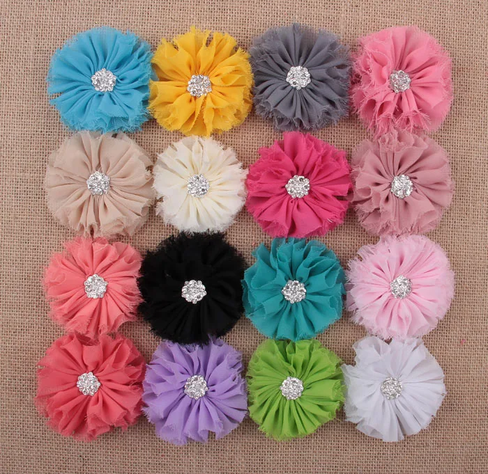 Fashion 7cm 16colors Artificial Frayed Chiffon Flower With Rhinestone Button Fluffy Fabric Flowers For DIY Baby Headbands |
