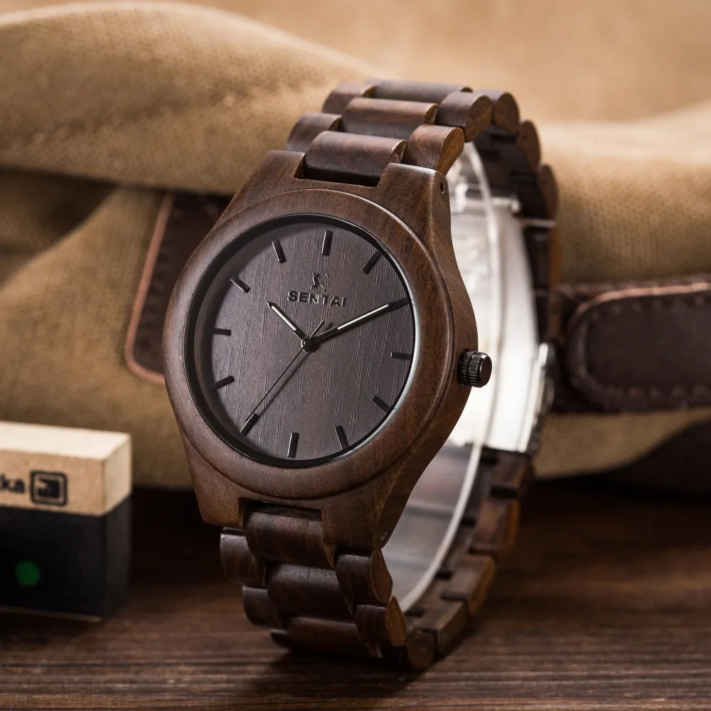 Мужские часы SENTAI Дизайнерские деревянные Аналоговые кварцевые наручные с