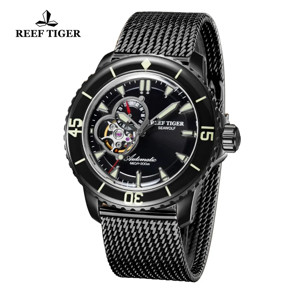 Reef Tiger/RT лучший бренд все черные Автоматические механические часы мужские Супер Светящиеся военные часы водонепроницаемые спортивные часы RGA3039