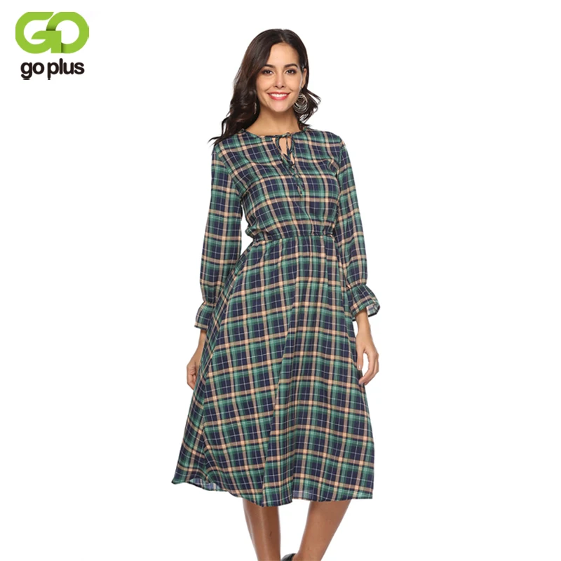 Женское винтажное клетчатое платье GOPLUS элегантное до колена на шнуровке с