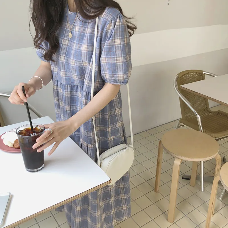 Women Summer Long Plaid Straight Dress Vestidos High Waist Blue Casual Maxi Robe Femme Loose Sukienki Sommerkleid Jurken