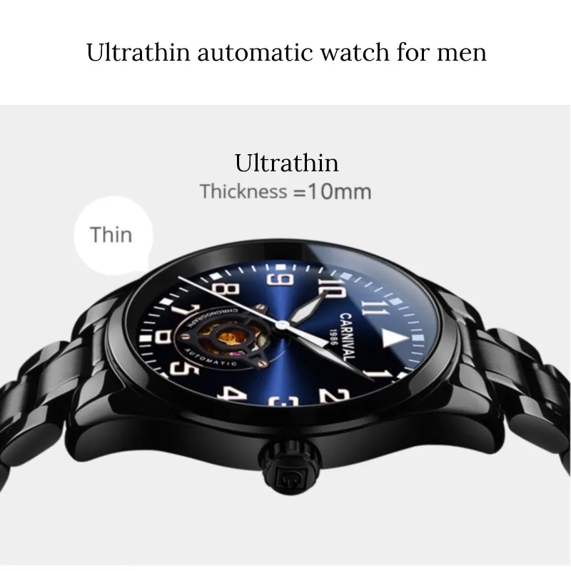 Ультратонкие автоматические часы топ бренд CARNIVAL Black Tourbillon механические из